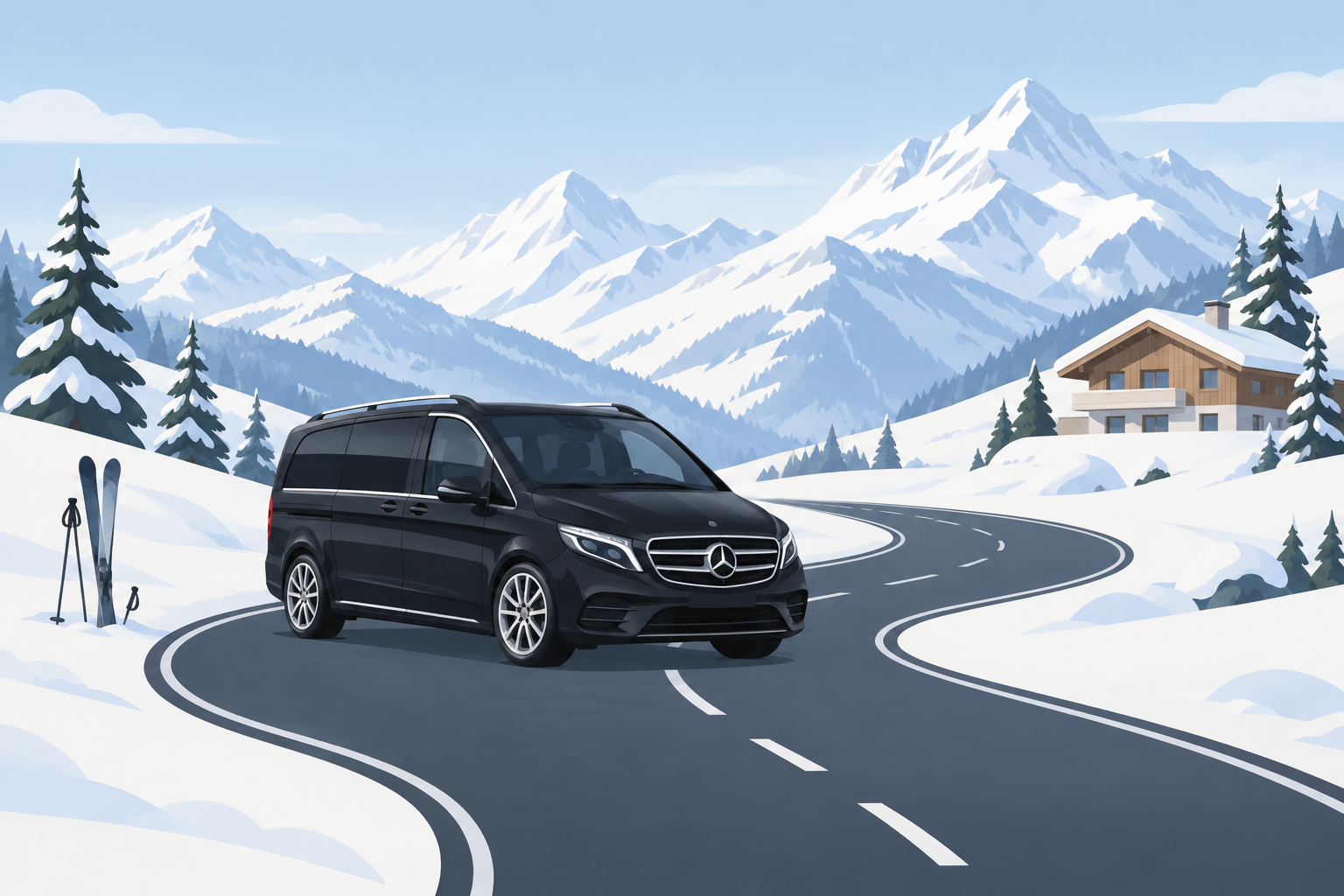 Van noir sur une route enneigée dans les Alpes